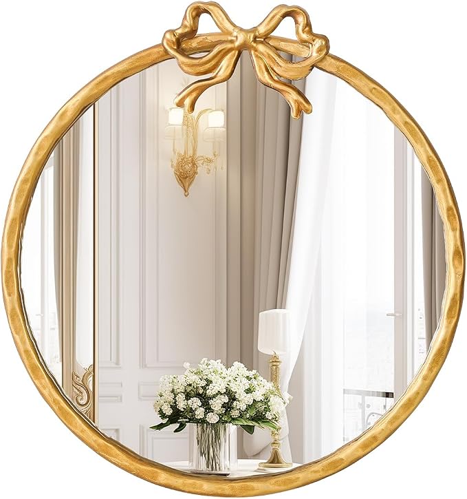 32 Inch Vintage Gold Round Wall Mirror, Antique Ornate Metal Circle Mirror with Baroque Bow Decor for Bathroom Vanity, Bedroom, Living Room, Hallway (Gold, 32" Lx32 W)