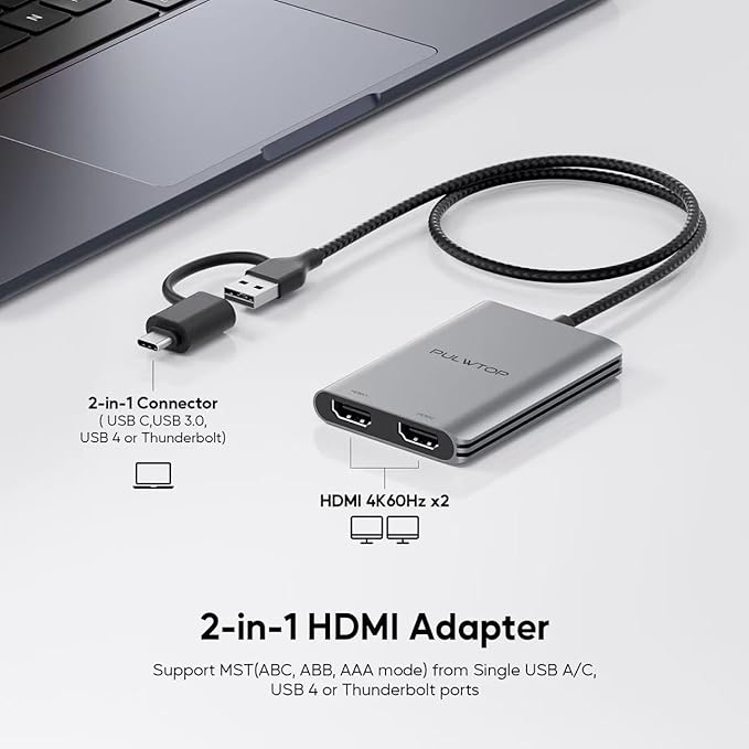 PULWTOP Displaylink Adapter, USB C to HDMI Adapter with Dual Monitor for Mac M1/M2/M3/M4, USB C to Dual HDMI for MacBook, Laptops, iMac, Driver Required