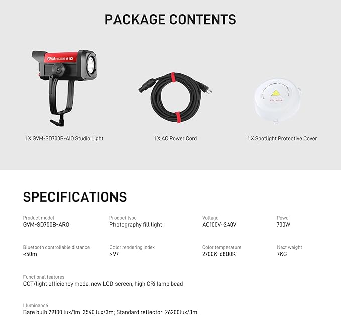 GVM 700W Spotlights LED Video Light,29100lux/1m(Bare Light),Photography Lighting Kit with APP Control, Continuous Lighting with Bowen Mount,CRI 97+, COB Lamp Beads,2700K-6800K
