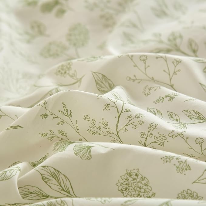 Vintage Boho Floral Duvet Cover King White Green Floral Print Bedding Set Cotton Botanical Floral Comforter Cover Garden Flowers Aesthetic Bedding Cover Boho Style King Duvet Cover with Zipper Closure