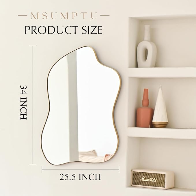 Irregular Wall Mirror Gold Wave Shaped Metal Framed Wall Mirror for Bathroom Bedroom Entryway Living Room Wall Decor 34" L x 25.5" W 2302Gold
