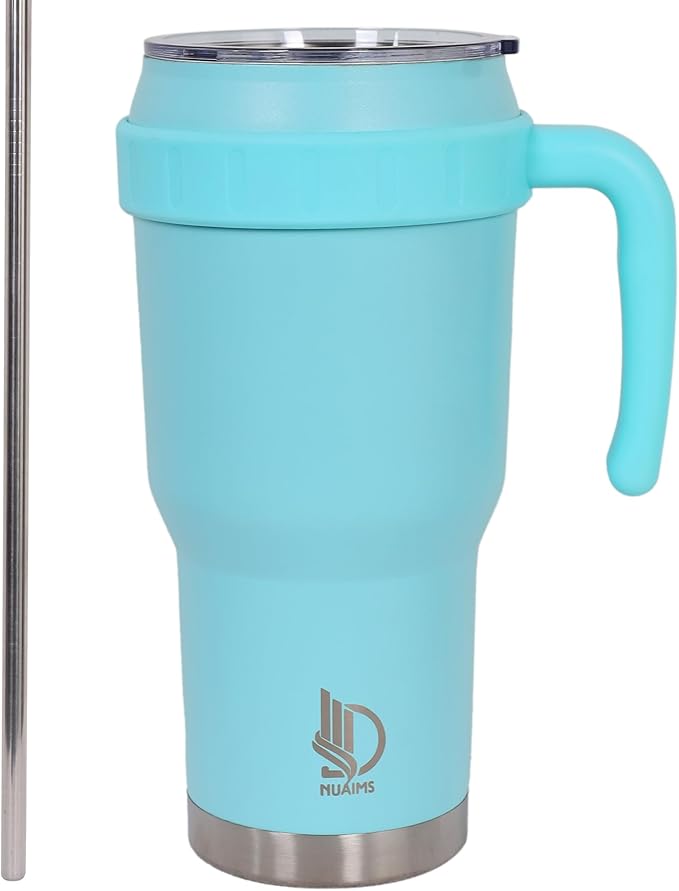 40 Oz Tumbler with Handle & Straw Lid, Insulated Stainless Steel Vacuum Flask, Double Wall Thermal Car Cup for Hot & Cold Drinks, Leak Proof, BPA Free (Light sky Blue)