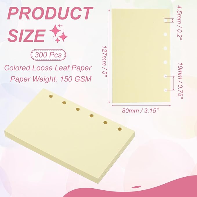 PATIKIL Colored Loose Leaf Paper, 5" x 3.2"(A7) 300 Sheets 6 Holes Punched 150GSM Blank Binder Refill Paper Supplies for Office Note Taking Teacher Planner Journal Notebook, Yellow
