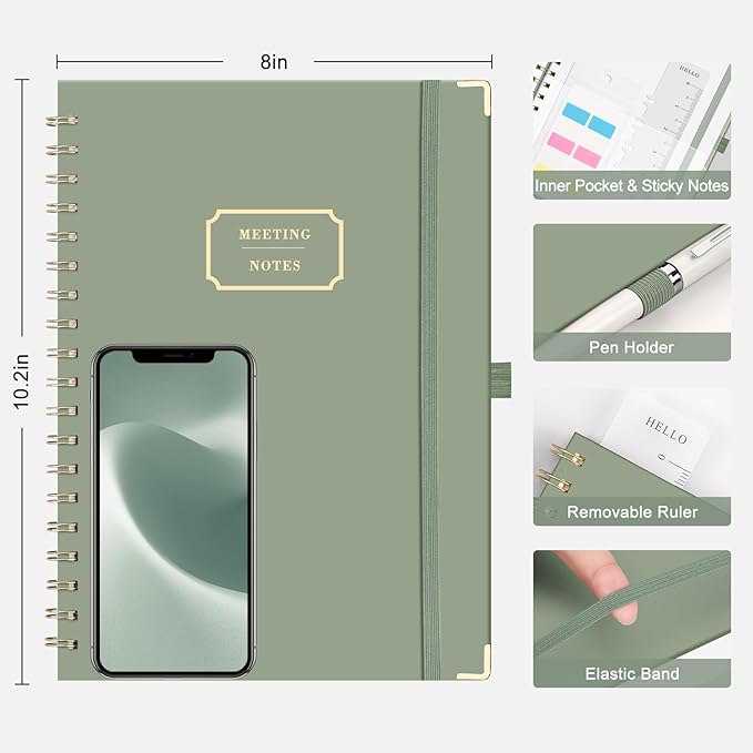 EMSHOI Meeting Notebook for Work - B5 Half Meeting Half Note Planner, 100 Pages, 100GSM Thick Paper, Hardcover, Project Organizer for Women Men Office, Business, Note Taking, 8"x10.2" - Green