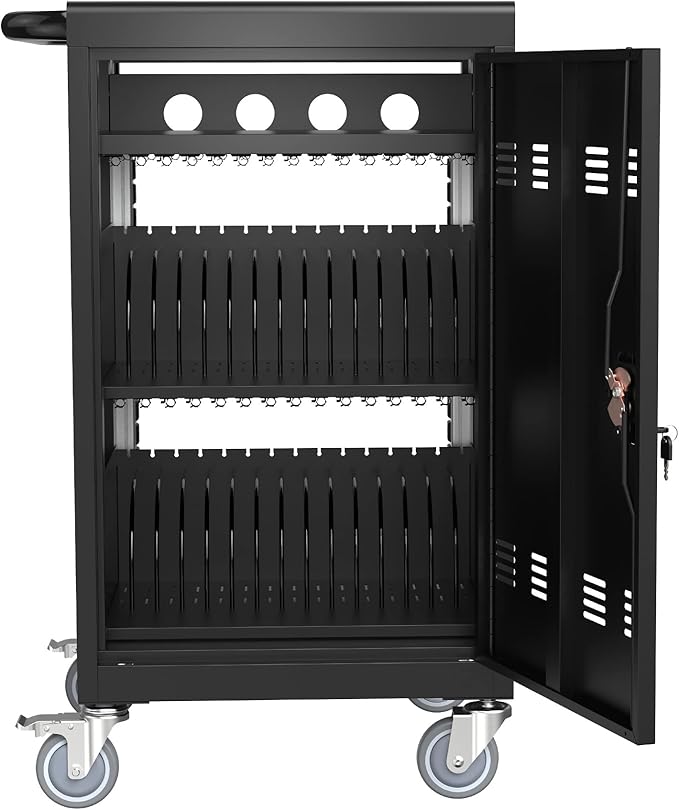 TOUPUWAN Laptop and Tablet Storage Cart, Mobile Charging Cart and Cabinet for Up to 32 Units, Screen Size Up to 16.3", Fits Chromebook, Tablet, Laptop, Suitable for School, Business
