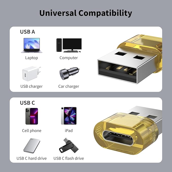 1000 Packs USB to USBC-C Yellow Adapters,TypeC Female to A Male Charger Converter Compatible with Apple Watch Ultra iWatch 8 7,iPhone 16 15Pro Max Plus,iPad 9 10 Air 5 Mini 6,Car, Galaxy S24