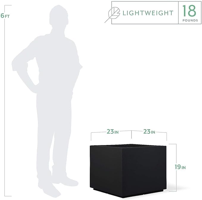 PolyStone Monterray Modern Outdoor/Indoor Square Planter, 23" L x 23" W x 19" H, Lightweight, Heavy Duty, Weather Resistant, Polymer Finish, Commercial Grade and Residential (Black)