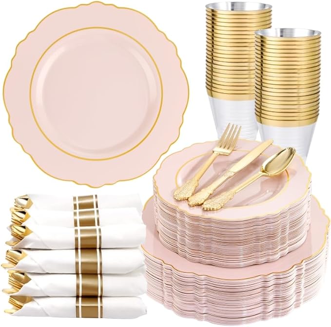Liacere 350PCS Pink Plates Disposable - Pink and Gold Plates 50guest Baroque Plastic Dinnerware include 100Plates, 50Pack Pre Rolled Napkins with Silverware 50Cups Perfect for Valentine's Day