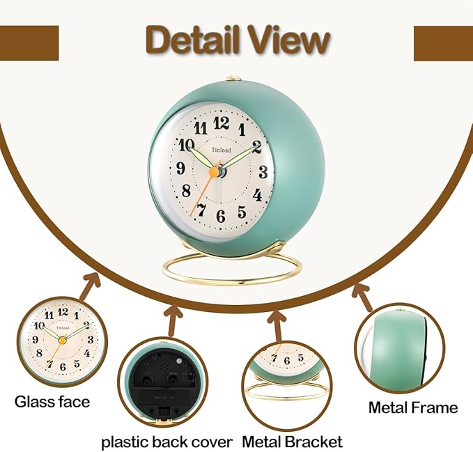 Tinload Analog Alarm Clock, Retro Simple Design Small Desk Clock with Manual Light, Battery Operated, Snooze, for Kids,Bedroom,Travel,Kitchen,Bedside Desktop(Green)