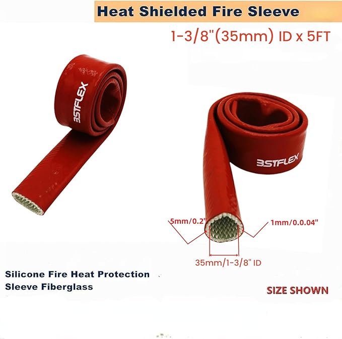 1-3/8"(35mm) ID Heat Shielded Fire Thermo Armor Fire Sleeve Silicone Coated Fiberglass for Automotive Hose Lines & Electrical Wiring Red, 5 feet