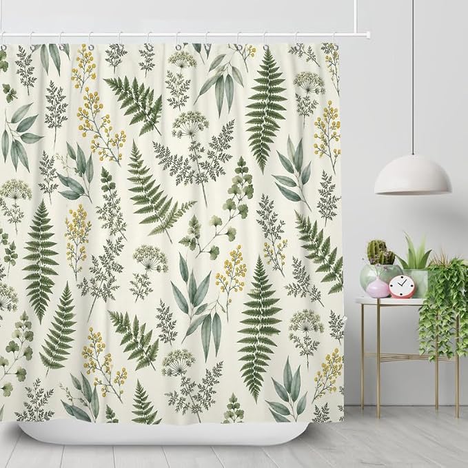 Fern Leaf Vintage Sage Green Shower Curtain Eucalyptus Farmhouse Plant Leaves Rural Floral Botanical Art Natural Waterproof Curtain for Bathroom 72x72 in with 12 Hooks