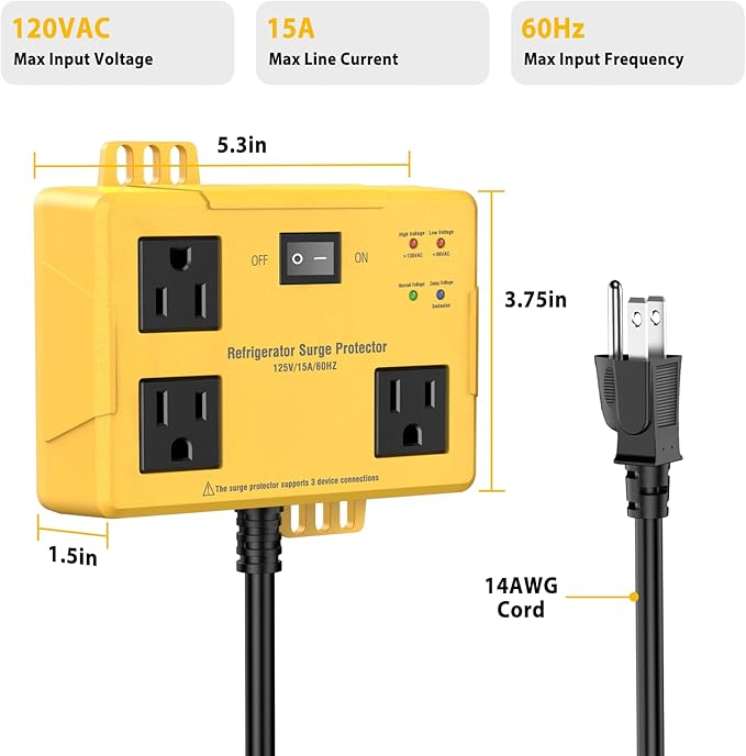 Refrigerator Surge Protector - Wall Mount 3 Outlet Voltage Protector with Time Delay & LED Indicator for Home Appliances, Against High & Low Voltage Brownouts Spikes & Instant Surge,125V/15A/5FT