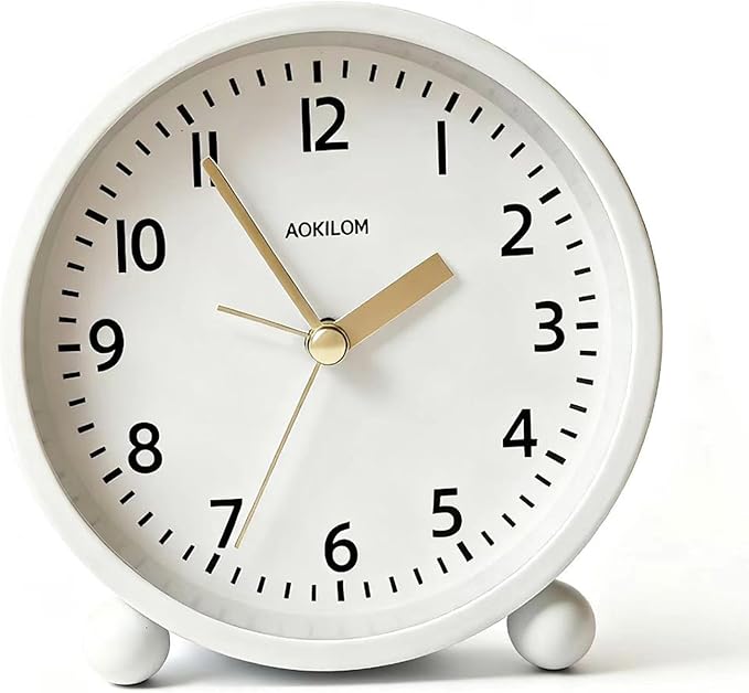 AOKILOM Analog Alarm Clock, Non-Ticking Silent Travel Small Clock, Battery Operated with On-Demand Light, Easy Set Gentle Wake, Ideal Decor for Bedroom, Bedside, Desk,Office(White)