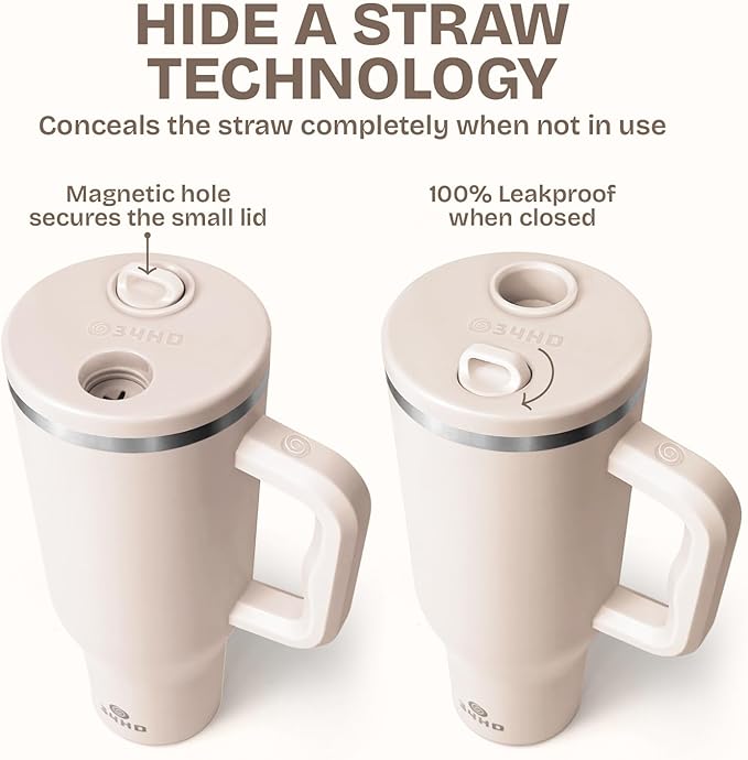 34HD 40 oz Stainless Steel Tumbler - Leakproof Insulated Water Bottle with Handle, Magnetic Lid and Flexible Straw - Iced for 48 Hours – Perfect for Men, Women, Birthday Gift, White - Vanilla Cloud