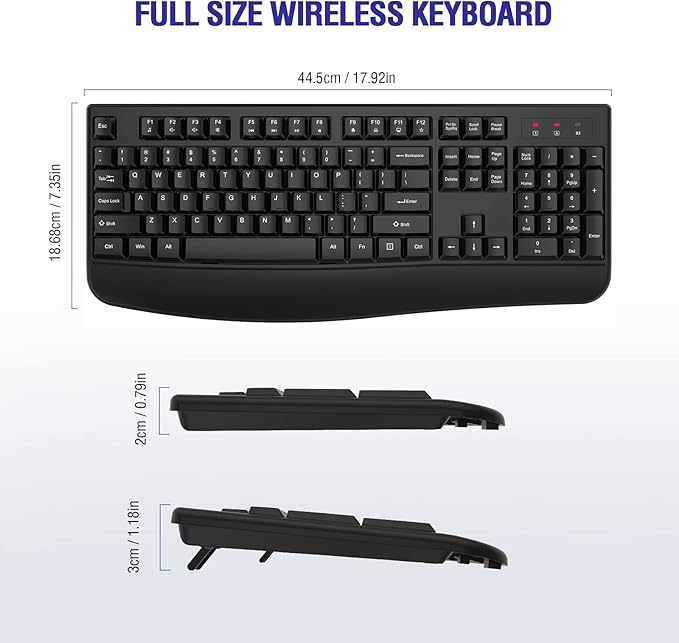 QUASIO Wireless Keyboard, 2.4G Full-Sized Ergonomic Wireless Computer Keyboard with Wrist Rest for Windows, Mac OS Laptop/PC/Desktop/Notebook(Black)