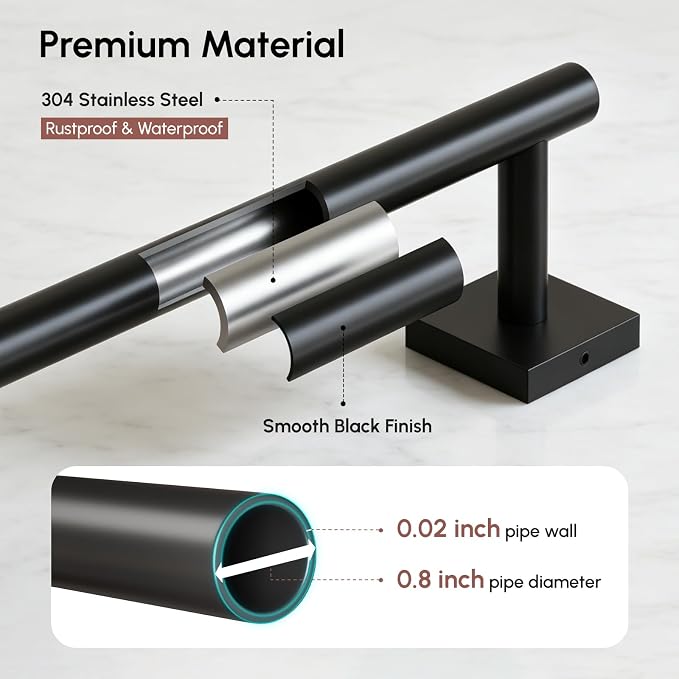 USHOWER Matte Black Hand Towel Bar, 9 Inch Towel Racks for Bathroom Wall Mounted, 304 Stainless Steel Towel Holder with Square Base, Modern Home Decor (Total Length 11 Inch)