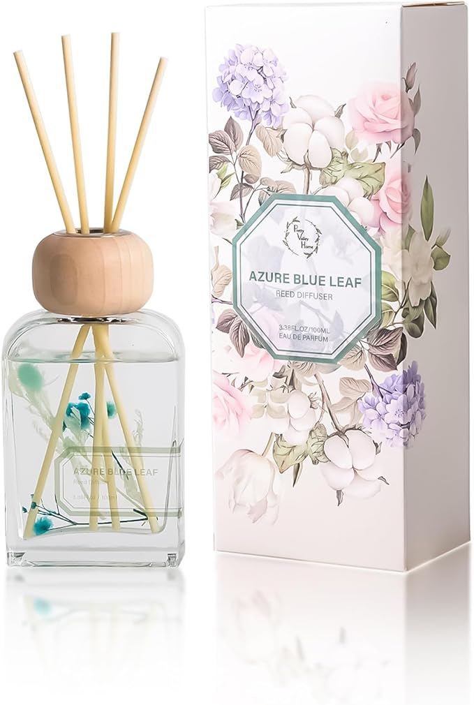 Orelune Reed Diffuser Set, 3.4 fl oz - Refreshing Home Fragrance with Sticks - Long-Lasting Scented Oil Reed Diffuser for Bedroom, Living Room, Bathroom Shelf Decor (Azure Blue Leaf)