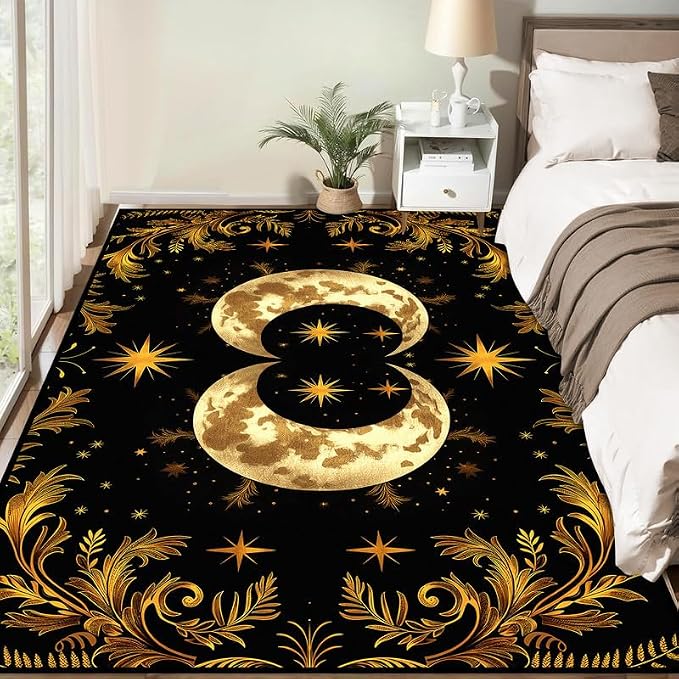 Sun Moon Star Area Rug 2'x3' Golden Boho Carpet Non-Slip Washable Low Pile Floor Mat for Entryway Bedroom Living Room Nursery Playroom Classroom Home Decor