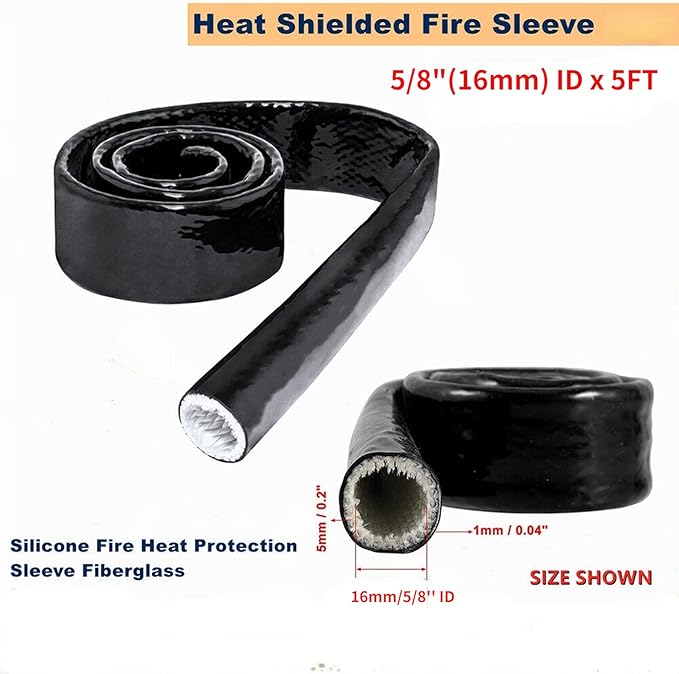 5/8"(16mm) ID Heat Shielded Fire Thermo Armor Fire Sleeve Silicone Coated Fiberglass for Automotive Hose Lines & Electrical Wiring Black, 5 feet