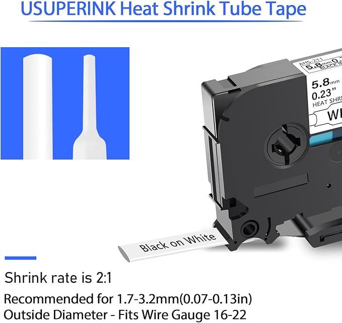3PK HSe-211 Heat Shrink Label Compatible for Brother Ptouch Heat Shrink Tubing HSe211 HS-211 HS211 Black on White 5.8mm 0.23'' for Wire Cable for PT-E300 PT-E800W PT-H75 PT-H300 PT-H300LI