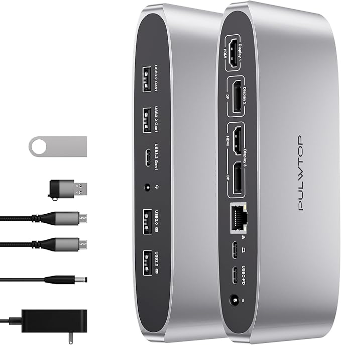 PULWTOP Displaylink Docking Station, Triple Display DisplayLink Dock for MacBook M1/M2/M3 Windows, 4K@60Hz Laptop Docking Station with 2 HDMI, 2 Display Port, PD, USB C Data, 4 USBA, Ethernet, Audio