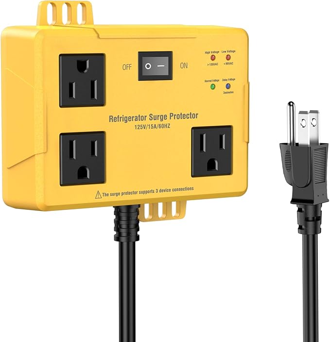 Refrigerator Surge Protector - Wall Mount 3 Outlet Voltage Protector with Time Delay & LED Indicator for Home Appliances, Against High & Low Voltage Brownouts Spikes & Instant Surge,125V/15A/3FT