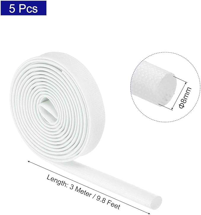 MECCANIXITY 5Pcs Wire Insulation Braid Fire Sleeve,9.8Ft-8mm ID White, High Temp Silicone Coated Fiberglass Sleeving for Automotive Hose Lines Electrical Wiring
