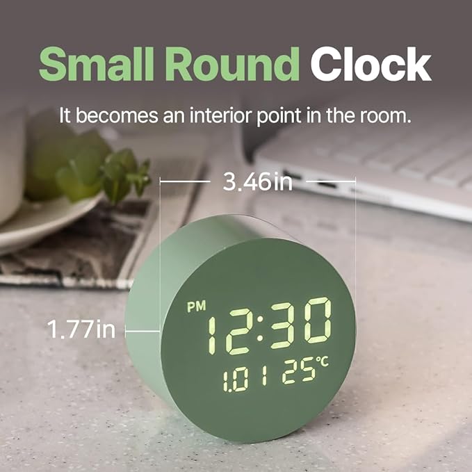 FLT Moonfall Wood Interior LED Desk Clock-Khaki (Designed in Korea)- Time, Date, Temperature Display, Customizable Alarms, Auto Brightness, Compact 3.46-Inch Size, USB Cable & Adapter Included