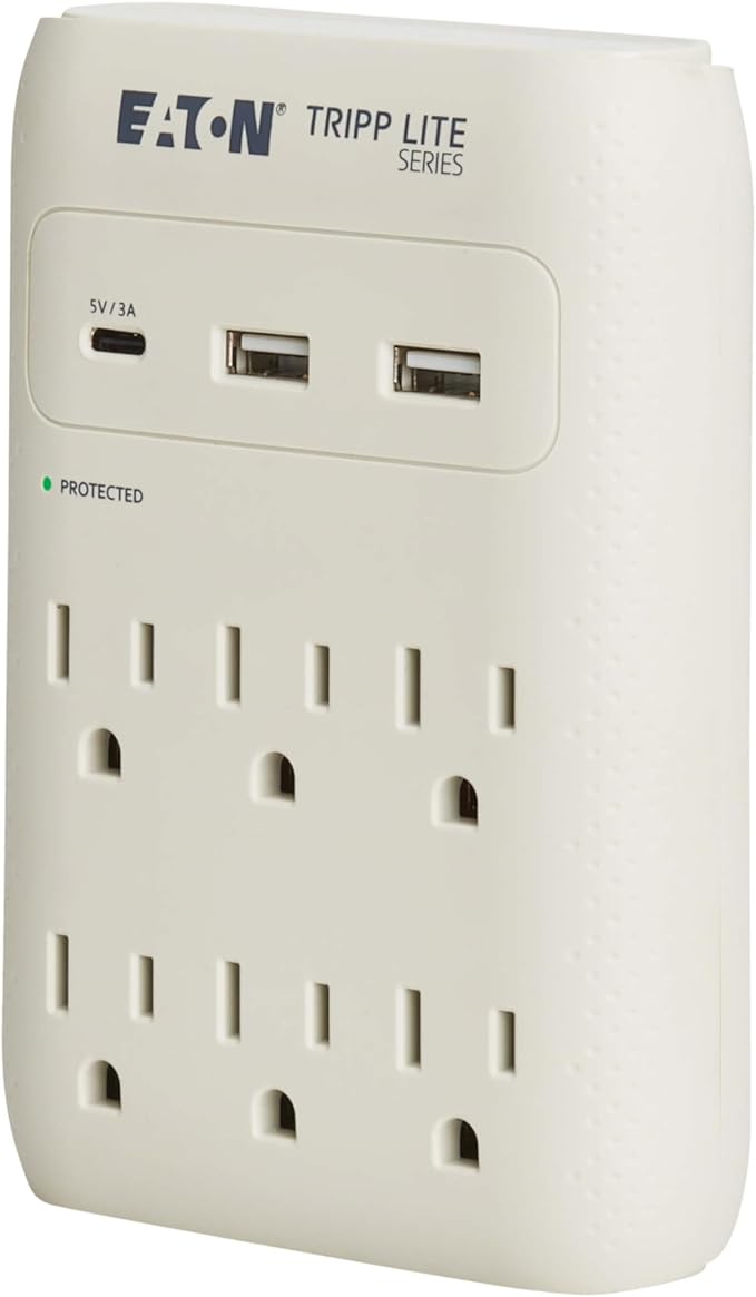 Eaton Tripp Lite SK60C Wall Surge Protector Power Strip & USB Wall Charger, 6-Outlet Extender, 1 USB-C + 2 USB Ports, 1080 Joules, Multi-Plug Outlet Splitter, Gray, Lifetime Manufacturer's Warranty