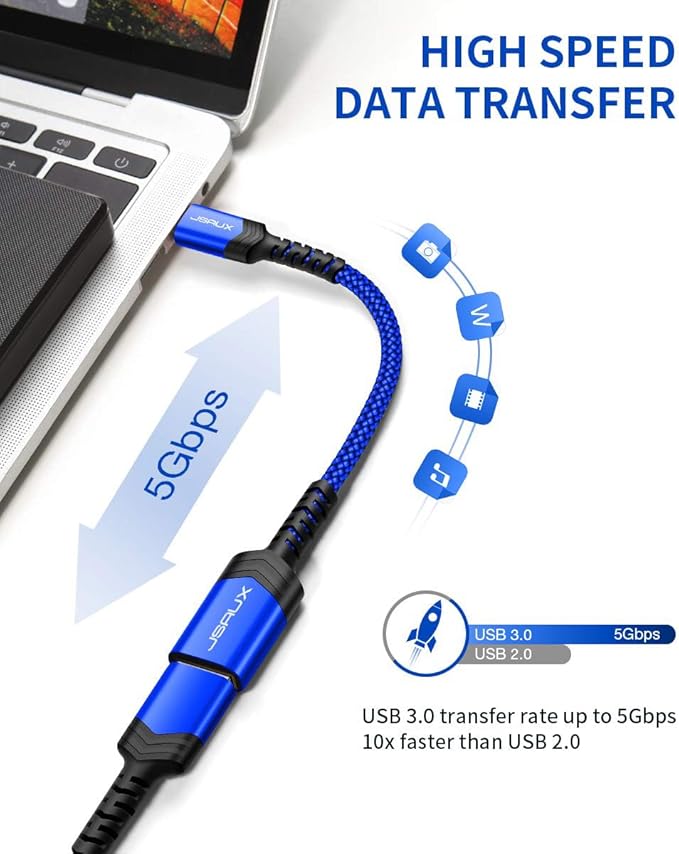 JSAUX USB C to USB Adapter [2 Pack], Type C 3.0 OTG Cable On The Go Type C Male to USB A Female Adapter Compatible with MacBook, iPhone 16 Pro Max/16 Plus/16e/15, Samsung Galaxy S25/S24/S23-Blue