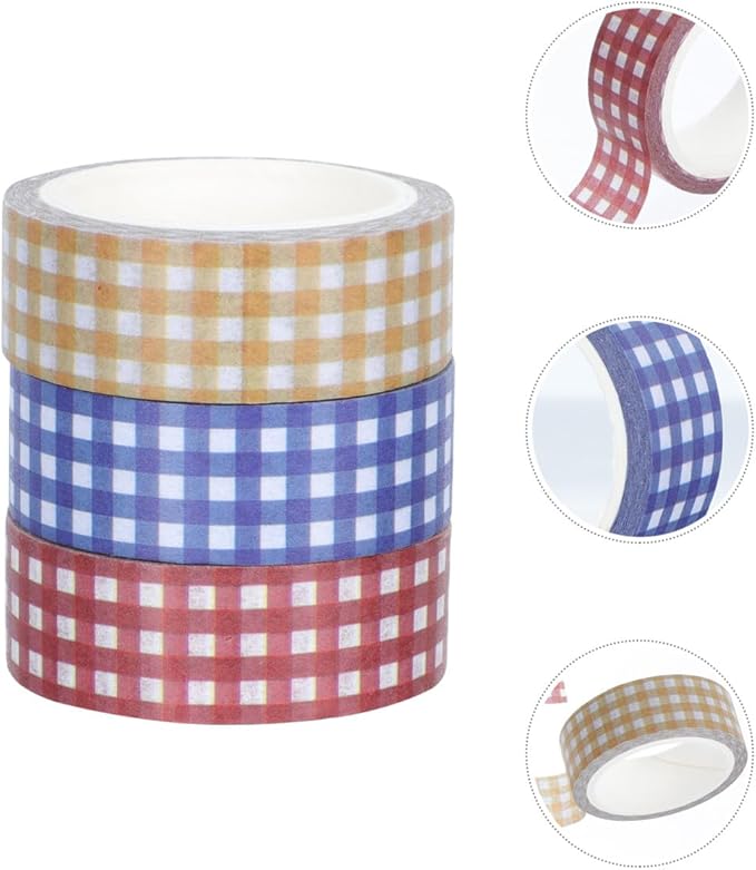 VILLCASE 12 Rolls Vintage Grid Pattern Washi Tape Retro Decorative Paper Tapes for DIY Journals Scrapbooking Planners Crafts Red Blue Yellow for Creative Stationery and Wrapping