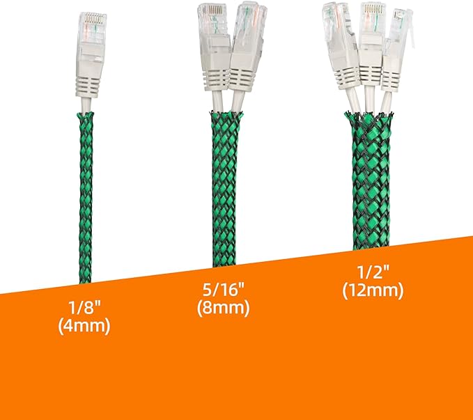Braided Expandable Cable Sleeve, 25ft PP Cotton and PET Braided Cable Management, Flexible Mesh Wire Loom and Cable Protector for TV, Computer, Home Theater, Automotive (Green, 1/8")