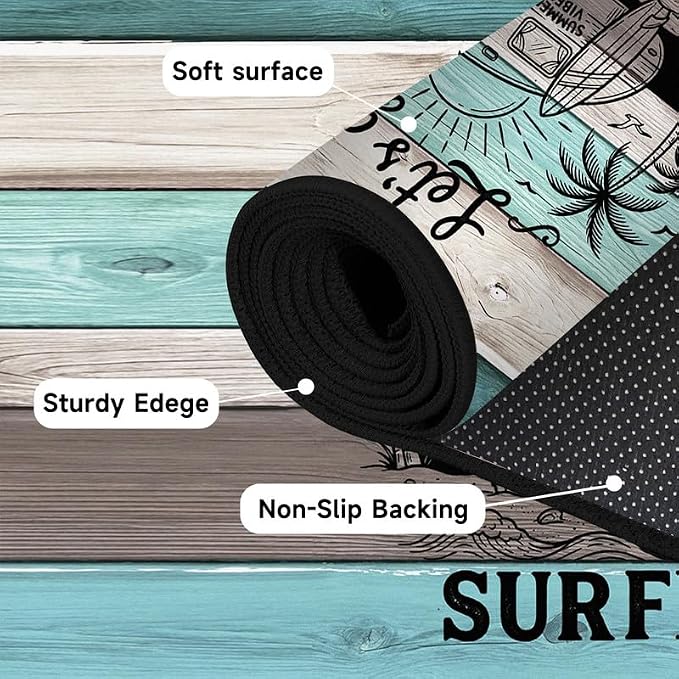 Surfing Area Rug Beach Van Palm Tree Carpet Retro Wood Grain Striped Rugs Non Slip Washable Floor Mat for Bedroom Living Room Nursery Playroom Classroom Home Decor,4'x6'