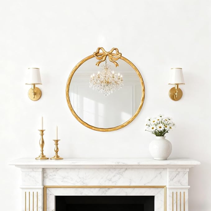32 Inch Vintage Gold Round Wall Mirror, Antique Ornate Metal Circle Mirror with Baroque Bow Decor for Bathroom Vanity, Bedroom, Living Room, Hallway (Gold, 32" Lx32 W)