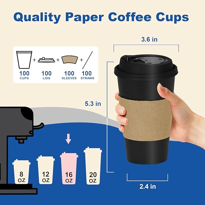Coolcap 16 oz 100 Pack Coffee Cups with Lids and Sleeves, Straws, Hot Disposable To Go Travel Paper Cups Bulk for Office, Home Coffee Bar Accessories, Chocolate, Cocoa, Beverage (Black)