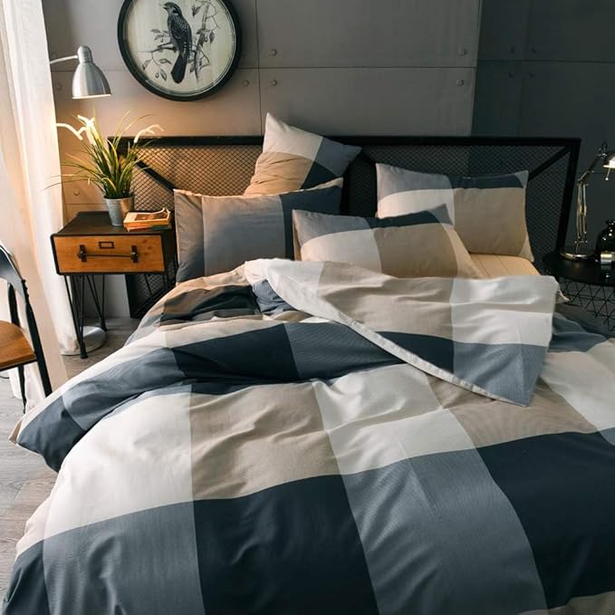 Full Comforter Set Fluffy Modern Style Plaid Comforter Set Checkered Pattern Comforter for Boys Men 3 Pieces Bedding Set 1 Geometric Comforter with 2 Pillow Shams All Season Full Size Comforter Set
