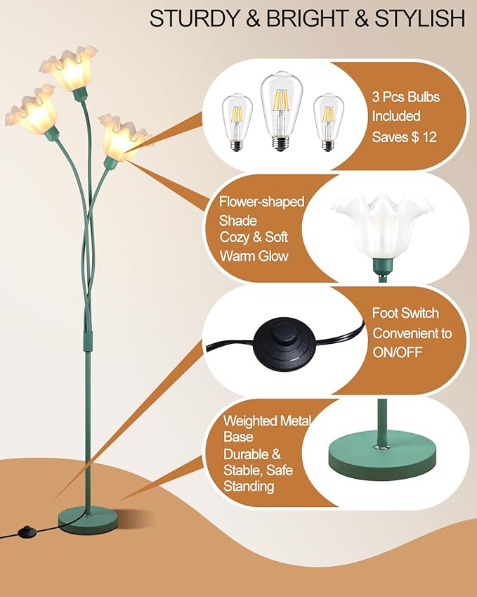 Flower Floor Lamp for Living Room, Modern Tree Floor Lamp with Adjustable Heads, 3 Light 3000K Soft Warmwhite Mid Century Standing Tall Lamp with 5Lbs Heavy Base for Bedroom Kids Room-Green