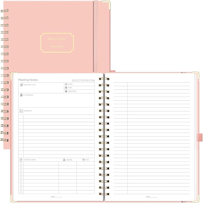 EMSHOI Meeting Notebook for Work - B5 Half Meeting Half Note Planner, 100 Pages, 100GSM Thick Paper, Hardcover, Project Organizer for Women Men Office, Business, Note Taking, 8"x10.2" - Pink