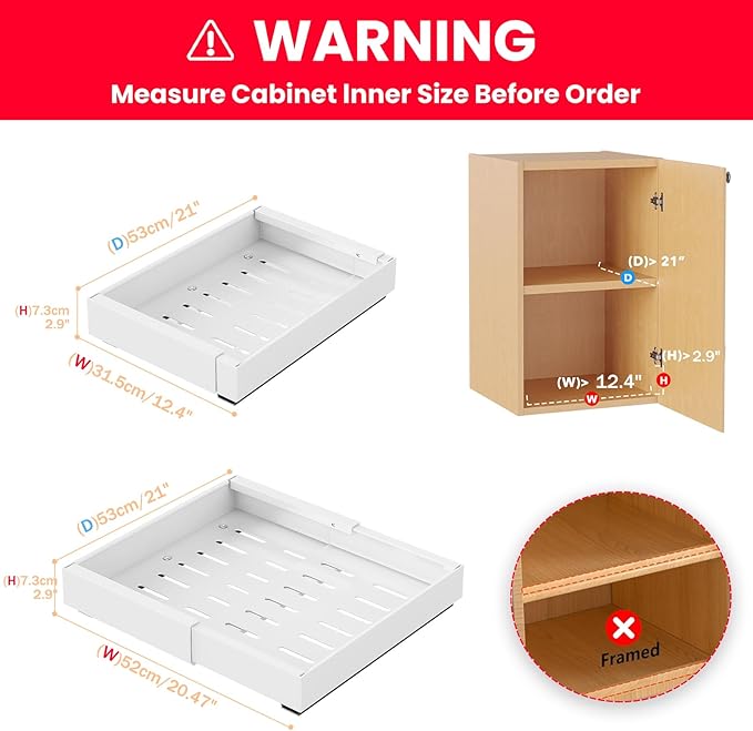 4Pack Expandable Pull-Out Cabinet Organizer 21" Deep Slide Out Drawers, Upgrade 3 Slide Rails, Adjustable Width 12.4”-20.4”, With Screws and Nano Film Adhesive， White