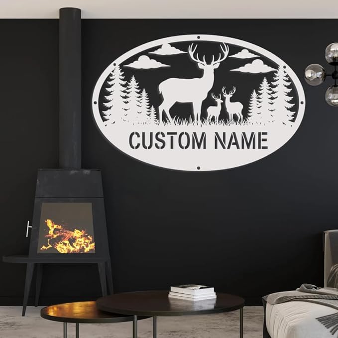 Personalized Deer Metal Sign,Custom Oval Hunting Scene Wall Art with Family Deer and Trees,Rustic Cabin Lodge Outdoor Decor, Farmhouse Name Plaque, Gift for Hunters, Men, Dad, Anniversary