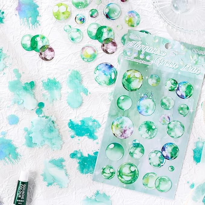 24 Sheets Precut Transparent PET Stickers for Journaling, 6 Assorted Colors, Watercolor Splash and Bubble Sticker for Scrapbooking, Junk Journal Supplies, Card Making, Collage, Arts Crafts