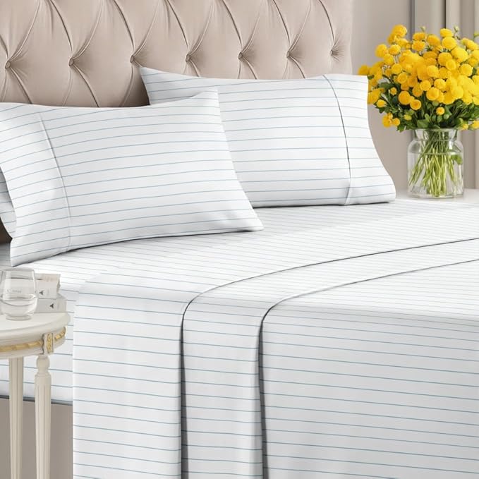 Sky Blue and White Striped Sheets - 1 Flat & 1 Fitted Sheet & 2 Pillowcases w/ Deep Pockets - Wrinkle & Fade Resistant - Ultra-Soft, Breathable & Cooling - Pinstripe Patterned Bed Set - Queen Size