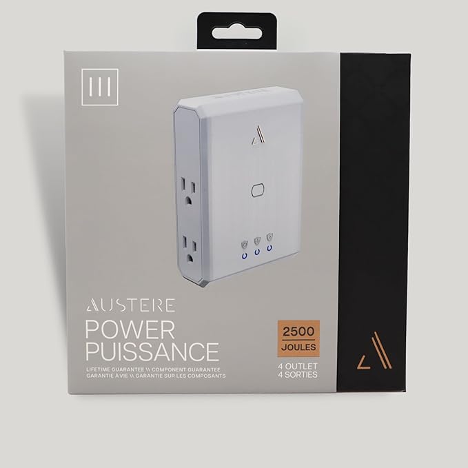 Austere III Series, Appliance Wall Power 4 Outlet Surge Protector for Kitchen, 2500 Joules, Flameless MOV, Overcurrent Protection, SmartFit Outlets, 4 Year Component Guarantee