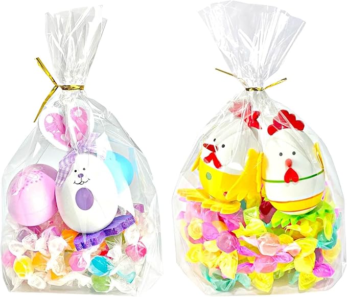 PigPotParty Cellophane Treat Bags 7"x10", 100 Pack Clear Goodie Bags, Bottom Gusset for Stand-Up Display, Small Plastic Gift Wrap for Cookies, Candy, Party Favors, Popcorn, Includes 100 Ties
