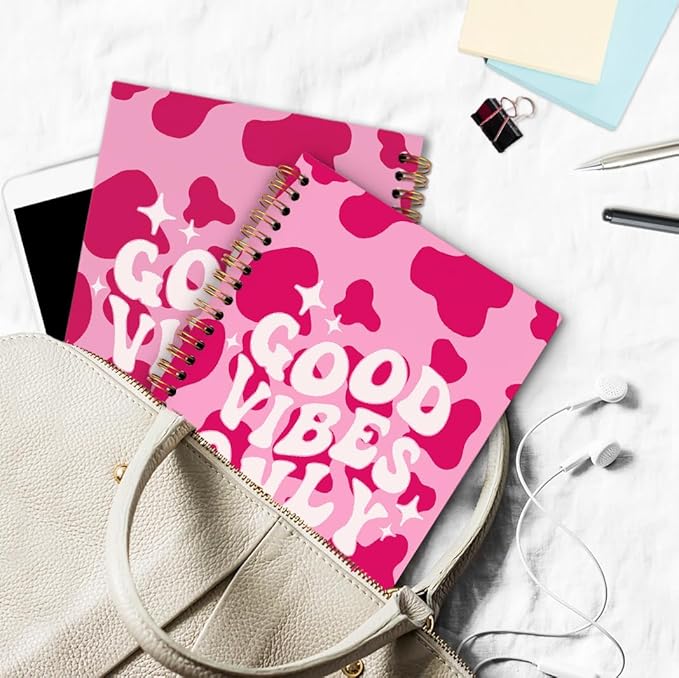 dvhdajed Pink Good Vibes Only Spiral Notebook, Preppy Inspirational Journaling Notebooks, Motivational Spiral Journal for Girls Women, Pink Postive Office School Supplies Gifts, 5.5x8.3 In
