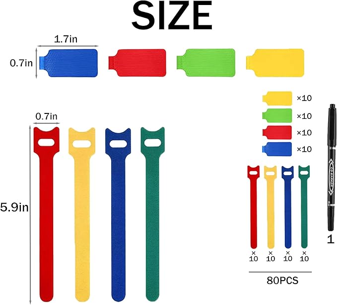 80 Pack Reusable Cable Labels & Cord Organizer Kit - 40 Color-Coded Write-On Wire Tags with Dual-Tip Marker + 40 Ties for Home Office Electronics Management, Cable Tags, Cord Labels, Wire Label