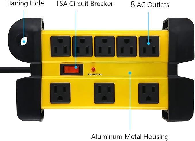 Heavy Duty Surge Protector for Appliances, 8 Outlet Workshop Power Strip with 1200 Joules, Metal with 10 FT Extension Cord and Wide Spaced. Yellow
