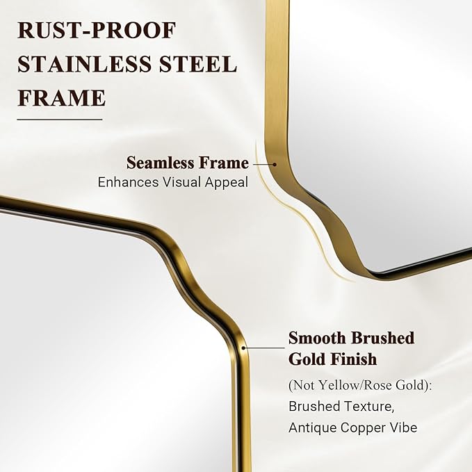 ANDY STAR 24"x48" Large Bathroom Mirror, Brushed Gold Rectangle Mirror, Scalloped Mirror for Bathroom in Anti-Rust Stainless Steel Metal Frame 1" Deep, Hangs Vertically/Horizontally