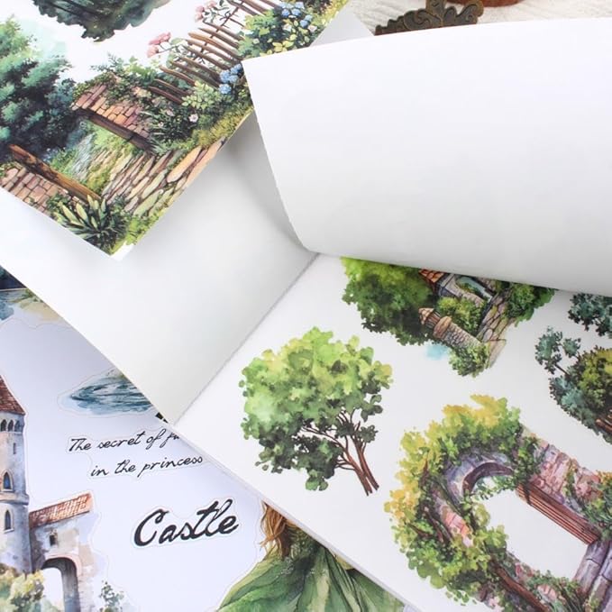 Dwpetzo Forest Woodland Castle Scenery Sticker Book for Journaling, 20 Sheets Precut PET Washi Materials Ephemera Stickers for Junk Journal Supplies, Scrapbooking, DIY Crafts Arts