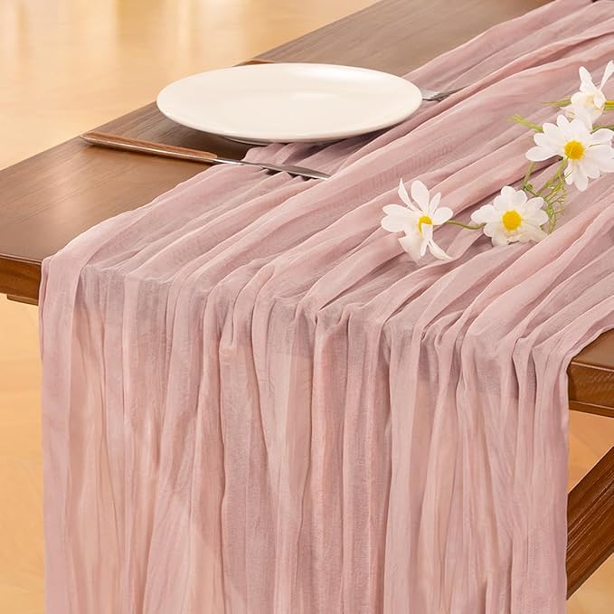 Socomi 3pcs Pink Cheesecloth Table Runner Fall Thanksgiving Boho Rustic Gauze Dusty Pink Farmhouse 120 inch 10FT Cheese Cloth Runner for Wedding Party Baby Shower Birthday Home Decor